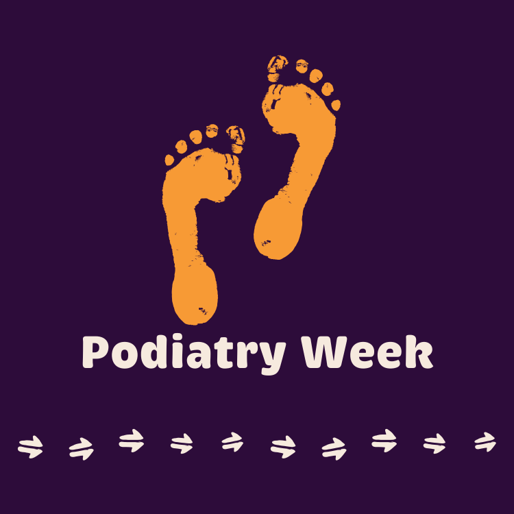 Image with orange footprints graphics on an dark purple background with the words “Podiatry Week,” promoting Pamela Mam Health Centre's focus on strong, healthy steps in community.