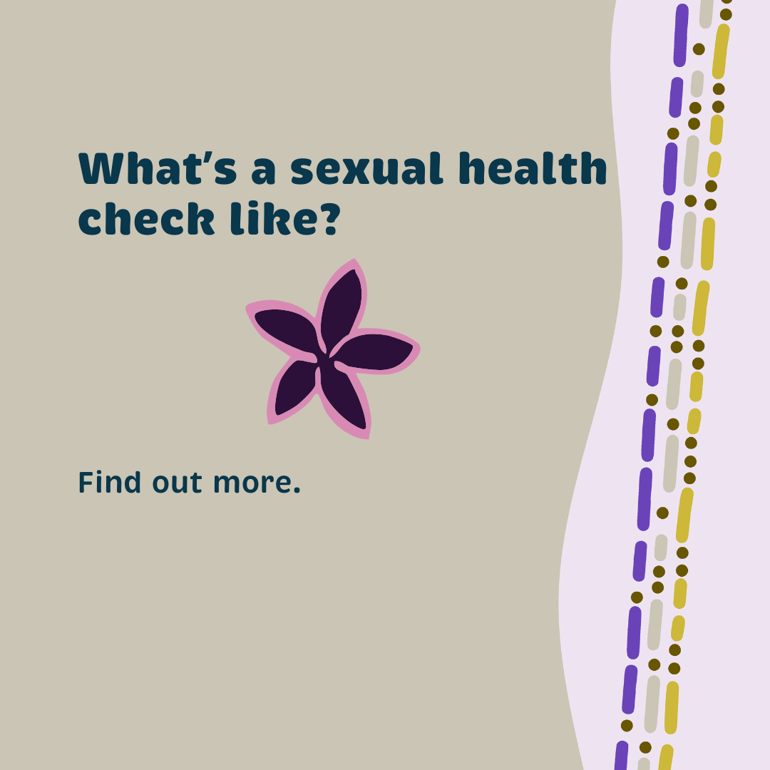 Graphic with text "What’s a sexual health check like? Find out more." A purple flower is in the centre, with a decorative border of yellow and purple dotted lines along the right.