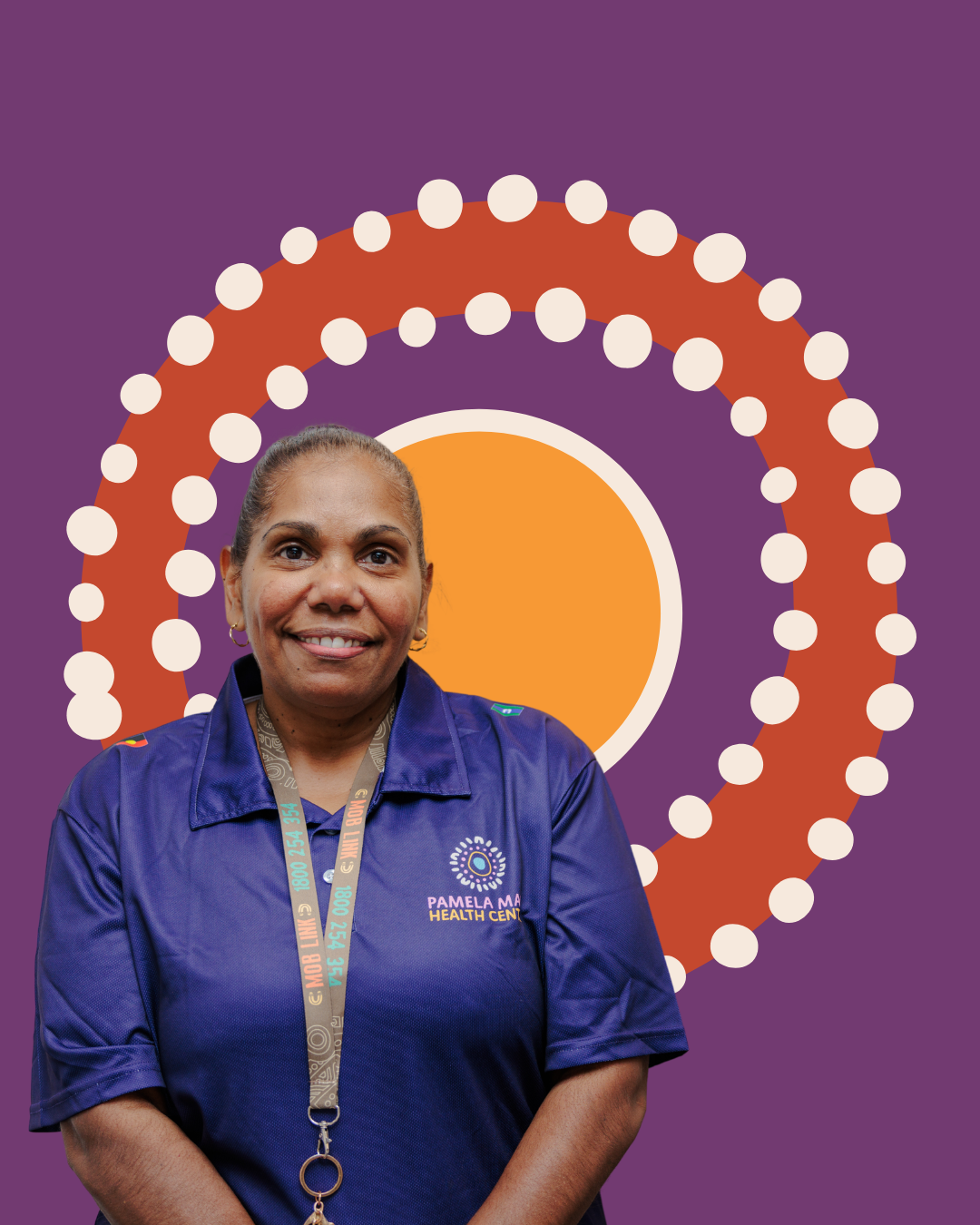 A smiling woman in a blue Pamela Mam Health Centre shirt stands in front of a purple background with an orange circle and white dot patterns.